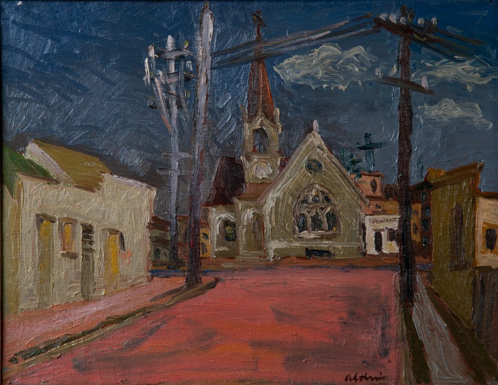 Oil painting of a church at the end of a dark street