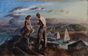 Painting - 2 ladies and a man picnicking at the top of a hill overlooking Rockport with sailboats in the bay