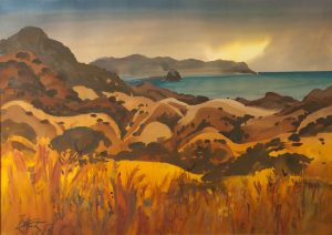Painting of beautiful hills at "golden hour" sunset.